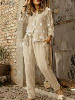 【DT】hot！ ZANZEA Belted Elastic Waist Trouser Pantsuits O-neck 3/4 Sleeve Dot Shirt Top and Pant Outfits 2pcs Sets