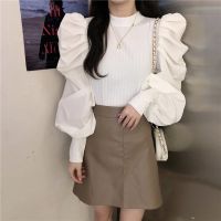 【Ready Stock】Korean Style Slim Bubble Long Puff Sleeve Stitching Blouse