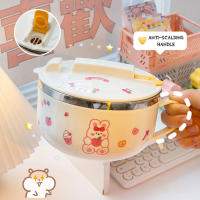 Kawaii Japanese Sticker Style Instant Noodle Bowl with Lid Soup Creae Stainless Steel Instant Noodle Bowl with Handle Cute