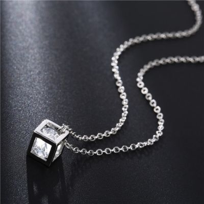 JDY6H European and American Fashion Delicate Simple Personality Square Necklace Pendant Love Cube Zircon Crystal Necklace Female
