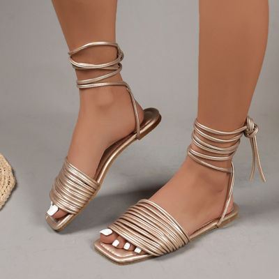 【CW】Silver Sandals Summer Women with Ties Sandals Flat Shoes Platform Star Elegant Party Luxury Square Toe 2023 Trend Free Shipping