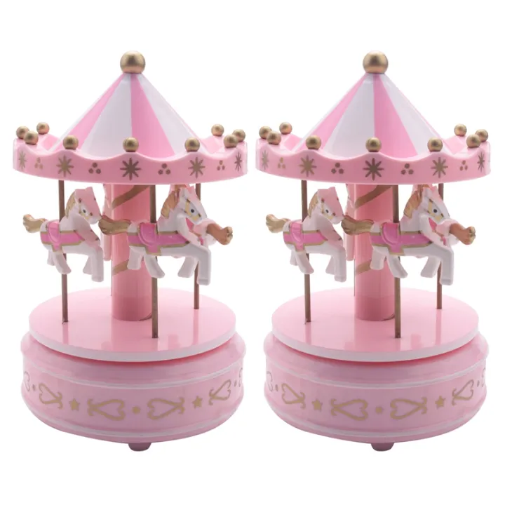 2X Musical Carousel Horse Wooden Carousel Music BoX Toy Child Baby Pink