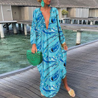 2023ผู้หญิง Boho พิมพ์หลวม Beach Dress Elegant Deep V คอ Maxi ชุดสุภาพสตรีเซ็กซี่แขนยาวขนาดใหญ่ชุด Robe Longue