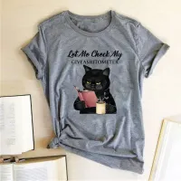 Let Me Check My Give A O Meter Letter Print Funny Black Cat Tshirt Loose Graphic Tee T