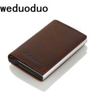 Weduoduo Men Genuine Leather Card Holder RFID Metal Credit Card Holder Anti-theft Men Wallet Automatic Pop Up card case Card Holders