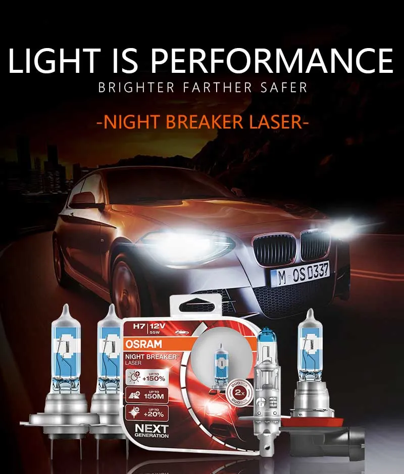 OSRAM H4 9003 12V 60/55W New Night Breaker Laser Next Generation Car  Halogen Headlight Hi/lo Beam +150 Brightness 64193NL(2 Pcs)