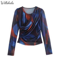 Willshela เสื้อมีตาข่ายเส้นด้ายจับจีบพิมพ์ลายย้อมสีไทสำหรับผู้หญิงผ้าทูลเสื้อคลุมชุดสตรีแขนยาวเสื้อวินเทจลำลองสำหรับผู้หญิงเก๋ไก๋เซ็กซี่