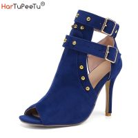 Peep Toe Stiletto Sandals Women Shoes 10cm Thin High Heels Summer 2023 Size 35-43 Rivets Decorate Flock Elegant Zapato Mujer