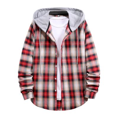 ZZOOI Men Casual Plaid Print Shirt 2022 New Autumn Winter Outerwear Shirts Hooded Collar Long Sleeve Shirt Blouse Mock Neck Fitted Top