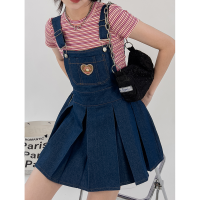 【CW】Women S Blue Denim Straps Half Body Skirt Love Pocket Casual Fashion High Waist Baggy Pleated A-Line Short Skirt Ladies Summer