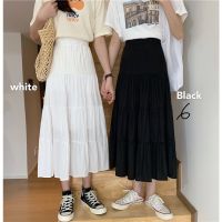 COD DSFERTGERRYYY Long Skirt Plus Size Female Spring Summer Chiffon Vintage High Waist Stretch Stitching White Black a-Line Rock Student