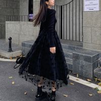 Gothic Black Dress ผู้หญิงปาร์ตี้ One Piece ชุดเกาหลี Pure Collor Slim Y2k Midi ชุด Retro Elegant 2022ฤดูใบไม้ร่วงแขนยาว Chic