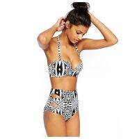 Womens Halter Geometric Print High Waisted Swimsuit Bathing Suits Bikini Black+White M