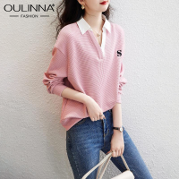 OULINNA เสื้อสเวตเตอร์แผงวาฟเฟิลสำหรับผู้หญิง,เสื้อโปโลเปิดไหล่แขนยาวเสื้อกันหนาวทรงหลวมๆยืดหยุ่นเล็กน้อยสำหรับฤดูใบไม้ผลิและฤดูใบไม้ร่วงใหม่