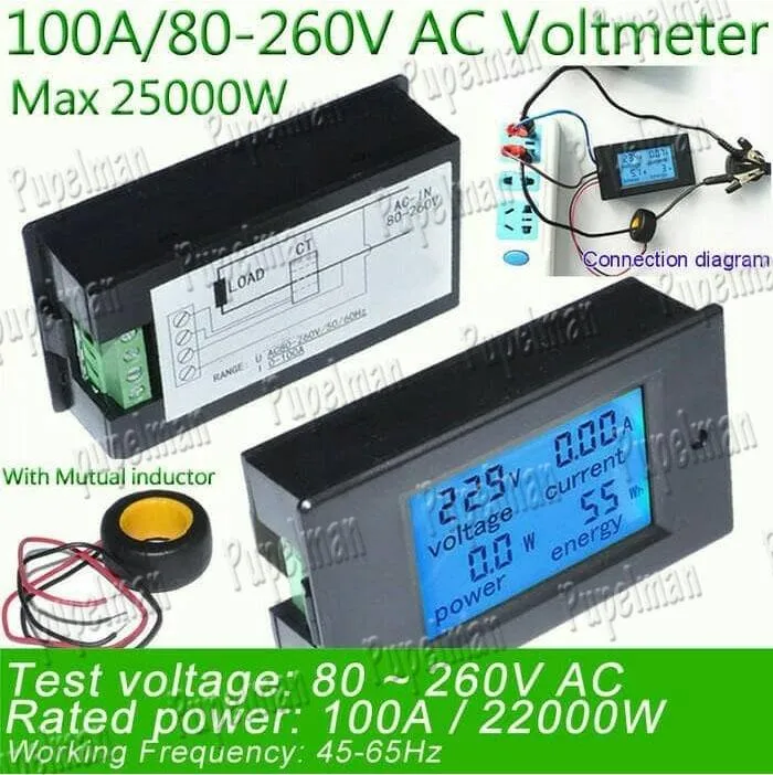 100A Digital AC Multimeter Wattmeter Voltmeter Ammeter with CT Alat