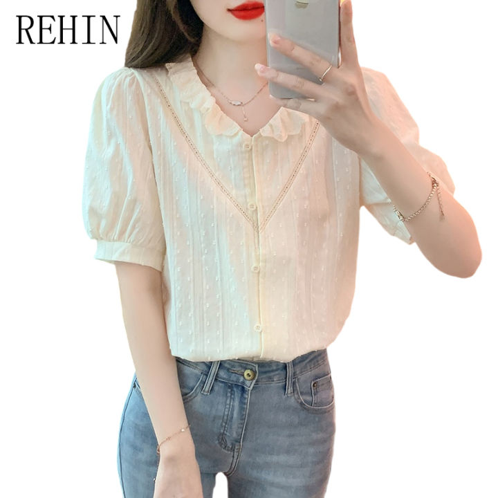 rehin-เสื้อแขนสั้นคอวีแขนพองฤดูร้อนสไตล์วินเทจเสื้อสตรีชีฟอง