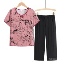 COD SDFERTGRTYTYUYU Middle-Aged and Elderly Womens Clothing Summer Loose Short Sleeves Mom and Grandma Thin Casual Suit Clothes Pants Pajamas Two-Piece Suit