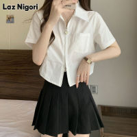 Laz Nigori เสื้อเชิ้ตแขนสั้นผู้หญิง,สีขาวเสื้อเชิ้ตแฟชั่นมีซิปปกเสื้อแขนสั้น