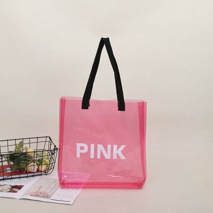 กระเป๋าถือหูหิ้ว-กระเป๋าสะพายไหล่-กระเป๋า-shopping-สีชมพูใส-โปร่งแสง-no-bag-003-pink-สีสันน่ารัก-หวานๆ