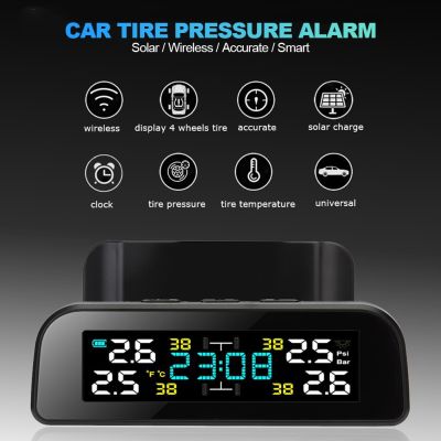 Universal TPMS Wireless Tire Pressure Monitoring System Solar Power Clock LCD Display 4 External Sensor Tire Pressure Sensors Power Points  Switches S
