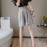 Women Elegant All-match Loose Straight Shorts with Belt 2023 High Waist Summer Vintage Plaid Wide Leg Female Suit Shorts Mature