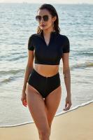 YY42 Chic Women Bikini S-5XL Black Sport Beach Clothing 2pcs Set Short Sleeves Female Summer Large Size Zipper Split Swim Suit