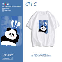 CHIC ผ้าฝ้ายแท้ แพนด้าน่ารักเสื้อยืดแขนสั้นพิมพ์ลายการ์ตูน สไตล์สบาย ๆ T0571