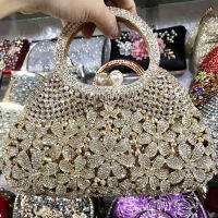 Gold Metal Pearl Top-Handle White Crystal Clutch Bag High Quality Womens Flower Diamond Wedding Bridal Handbags Fashion Bags