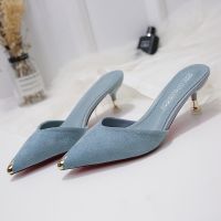 Womens Stilettos Mules Shoes Ladies Fashion High Heels Suede Pointed Half Shoes Kasut