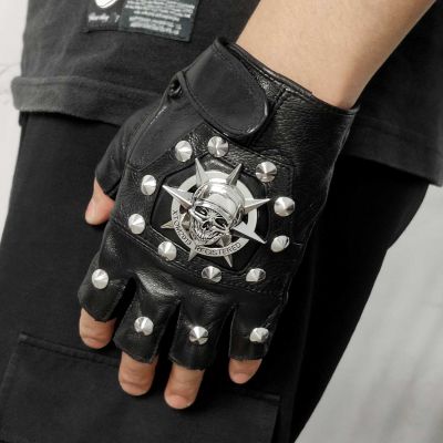 Steampunk Biker Leather Gloves Mens Skull Punk Rock Gloves