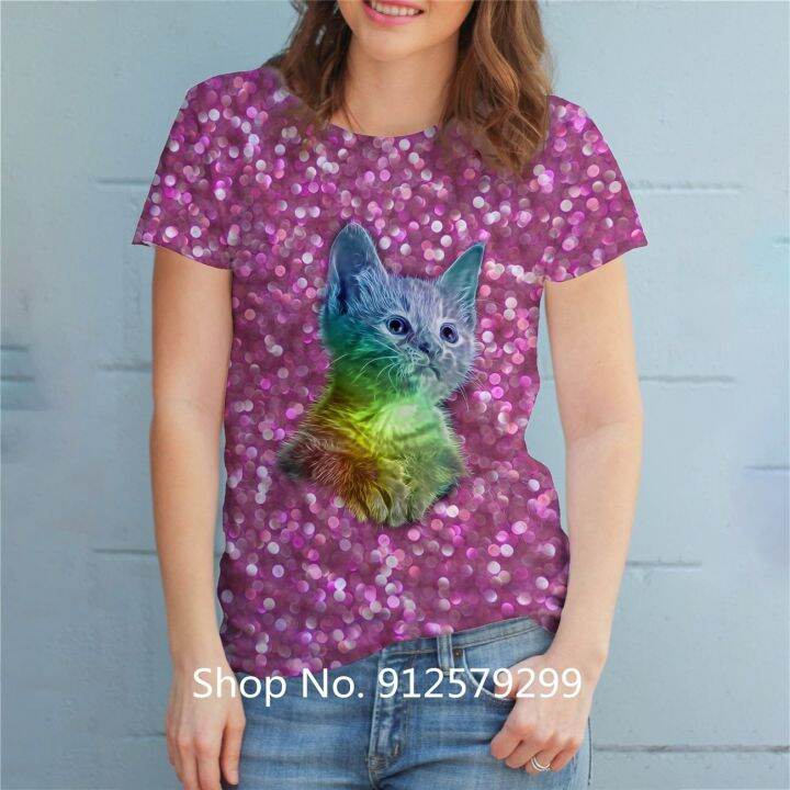 เสื้อยืดผู้หญิงแฟชั่นฮาราจูกุพิมพ์ลายแมวสัตว์เสื้อคอกลมแขนสั้นเสื้อยืดลำลองฤดูร้อน