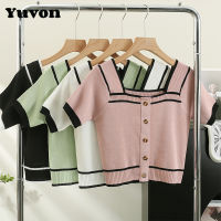 Yuvon French contrasting square neck backless short sleeved knit shirt for women 2023 summer new design slim fitting short top