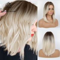 Blonde Unicorn Synthetic Wig Straight Medium Length Ombre Brown Light Blonde Platinum Hair Wigs For Women Heat Resistant Fiber