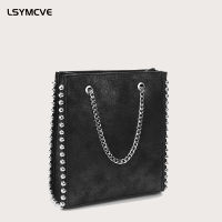 Women PU Leather Shoulder Bag Solid Color Bead Bag Retro Chains Rivets Large Capacity Tote Bag Travel