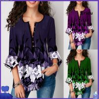 COD dhdfxcz EZ Fashion Women V Neck Ruffled 3/4 Sleeve Floral Print Buttons Shirt Blouse Top