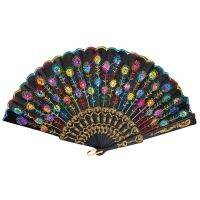 【CW】 Hot Sale SODIAL(R) Colored Embroidered Flower Pattern Black Cloth Folding Hand Fan for Woman