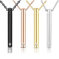 Unisex Stainless Steel Bar Cylinder Crystal Memorial Urn Pendant Slide Screw Openable Cremation Necklace for Ashes Holder