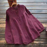 Women Crew Neck Button Down Ruffle Blouse Plus Size Loose Shirt