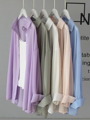JMPRS เสื้อชีฟองผู้หญิงผ้าคอตตอนเสื้อยืดบางติดกระดุมเสื้อกันแดดสไตล์เกาหลีแขนยาวเสื้อผู้หญิงเกาหลีใหม่