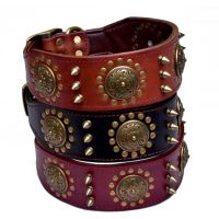 Genuine Leather Dog Collar Studded Soft Padded Inside Brown Leather Spiked Studded Adjustable Stylish Leather Dog Collar