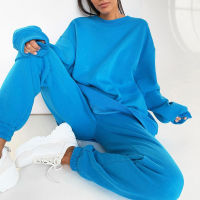 Women Solid Fleece Two Piece Sets Long Sleeve Pullover Loose Sweatshirts And Jogger Pant Suits Casual Female Street Tracksuits