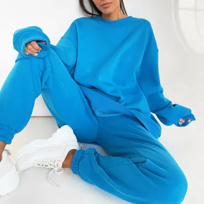 Women Solid Fleece Two Piece Sets Long Sleeve Pullover Loose Sweatshirts And Jogger Pant Suits Casual Female Street Tracksuits