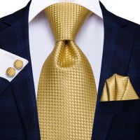 Hi-Tie Solid Gold Yellow Silk Ties For Men Handky Cufflinks Set Fashion Gift For Men 39;s Tie Wedding Business Necktie