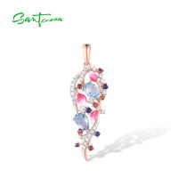 SANTUZZA Silver Pendants For Women Authentic 925 Sterling Silver Pink Leaves Shiny Colorful Stones Fine Jewelry Handmade Enamel