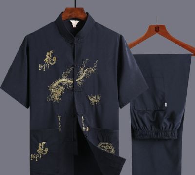 ชุดนอนเข้าชุด M-XXXL ผู้ชายปักลายมังกรชุดจีนใหม่ล่าสุดกังฟูศิลปะเสื้อผ้าศิลปะชุดฮั่นฝู