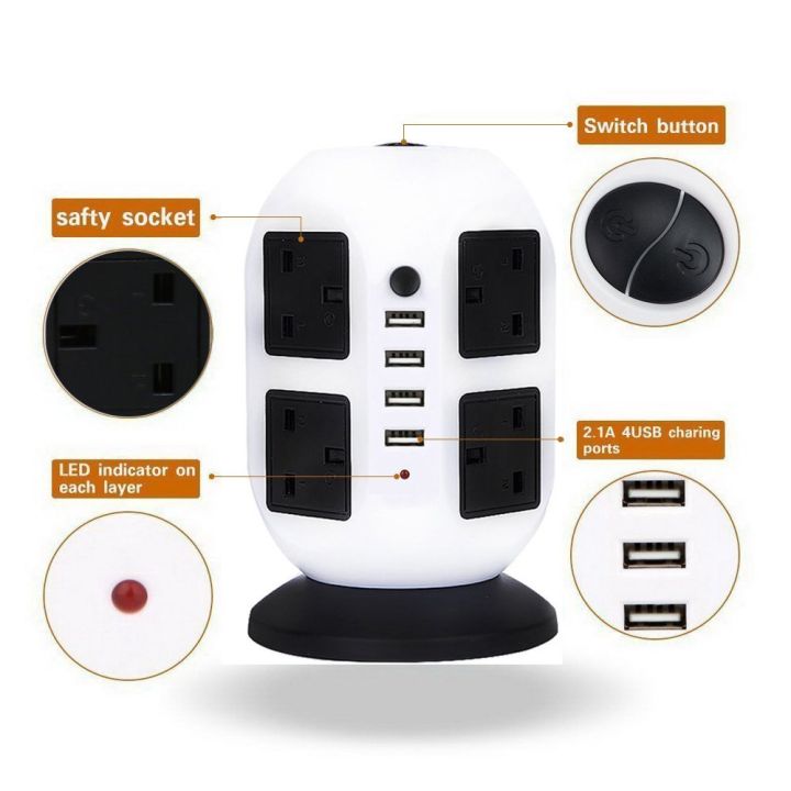 tower-power-strip-vertical-uk-plug-adapter-outlets-8-way-ac-multi-electrical-sockets-with-usb-surge-protector-3m-extension-cord
