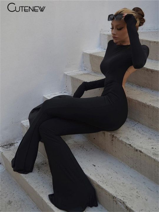 cutenew-solid-black-sexy-backless-bodycon-ขากว้าง-jumpsuit-ผู้หญิงฤดูใบไม้ร่วงลําลอง-บาง-แขนยาว-o-neck-playsuit-lady-streetwear