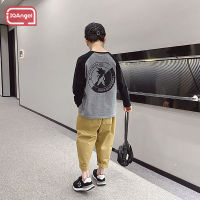 IQANGEL เสื้อเด็กผู้ชายแขนยาวสไตล์เกาหลี,เสื้อเด็กผู้ชายลายอนิเมะ Raglan เสื้อยืดยาวถึงก้น