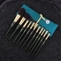 11Pcs Make Up Brushes Set Dark Green Goat Squirrel Hair Powder Blush Highlighter Brush Eyeshadow Blending Makeup Brush With Bag