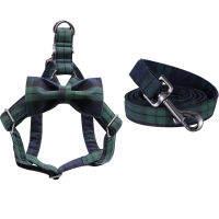 Cotton Green Plaid Dog Harness with Bowtie and Basic Dog Leash Adjustable Buckle Pet Supplies